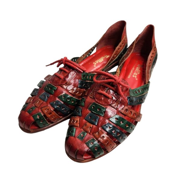 Vintage Red Green Huaraches Sandals Size 10W Leather - Picture 2 of 9